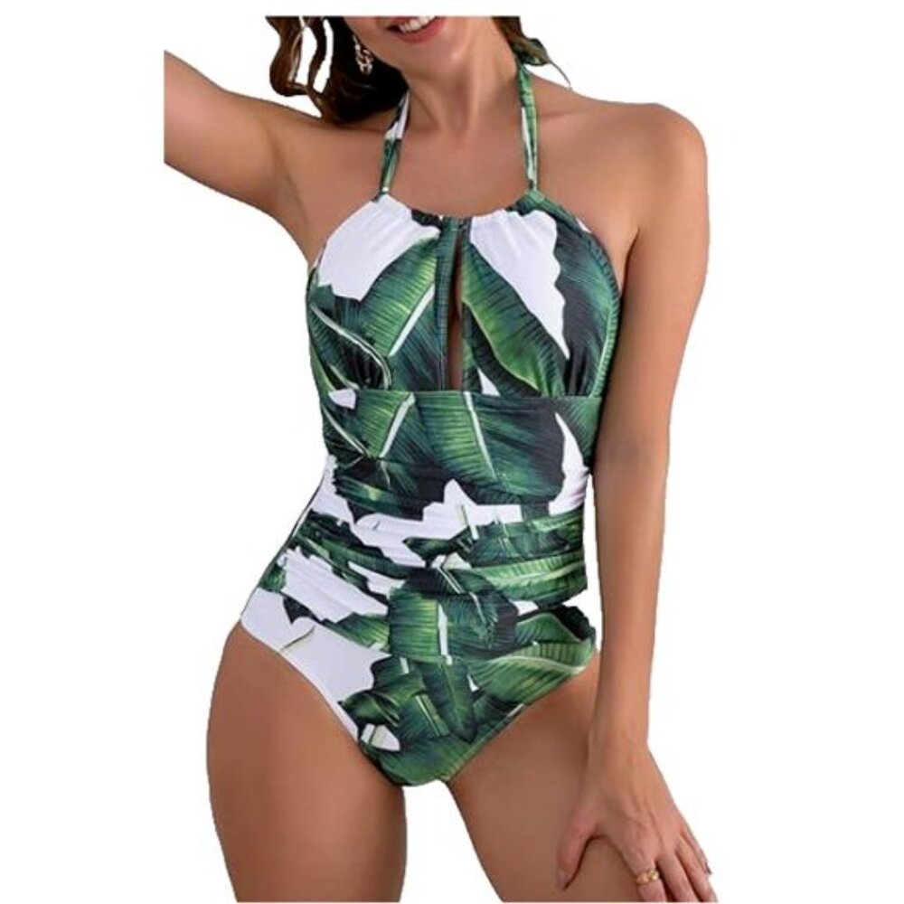NEW Slimming Halter One Piece Swimsuit White and Green Tropical Print Women's M